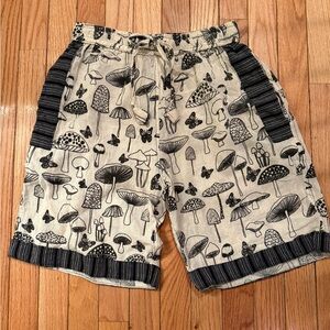 Women's Mushroom Print Shorts - Black and Cream Cotton w pockets
